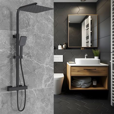 Colonna doccia con miscelatore termostatico nero, Set doccia con soffione a pioggia 30x30 cm, doccetta a 3 funzioni in silicone, asta doccia acciaio inox regolabile 73-115 cm
