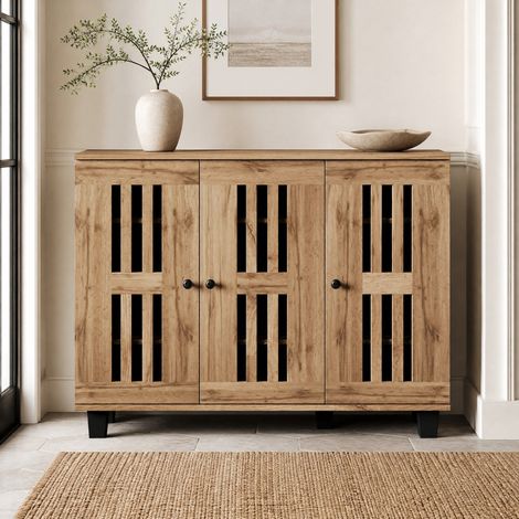 Credenza 120x32x92 cm in truciolare naturale, 3 ante, salvaspazio per soggiorno – MEUBLIV (1/5)