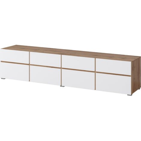 Mueble para TV XL HAVANA – 225 cm – 4 puertas abatibles y 4 cajones – Roble y blanco – Diseño moderno