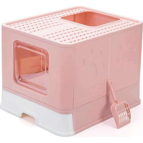 Collapsible Cat Litter Box, Large Cat Toilet House with Lid, Drawer Portable Tray and Litter Scoop (51 x 41 x 38cm Pink) Pink (1/5)
