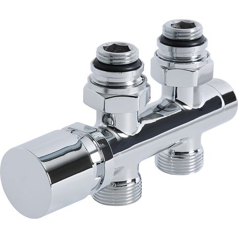 Milano Chrome Straight H Block Heated Towel Rail Radiator Valves with 15mm Copper Adapters (1/4)
