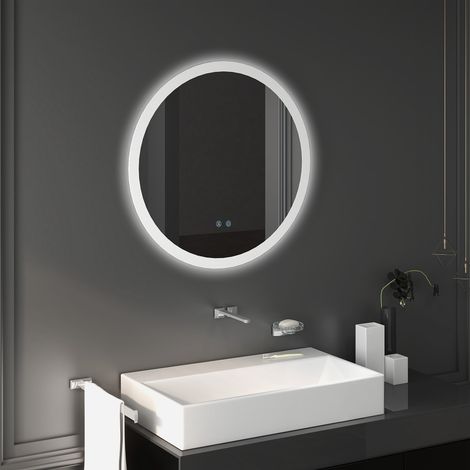 Runder, LED-beleuchteter Badezimmerspiegel Ø 70 cm, Wandmontage, Berührungsschalter, Antibeschlagsystem, 35 W, weiß/silber