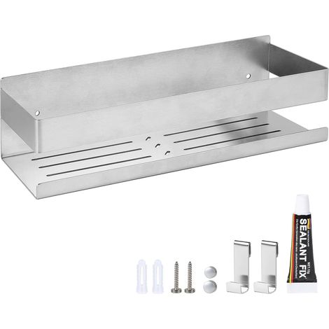 Mensola da bagno senza foratura da 30 cm, portaoggetti per doccia con 2 ganci rimovibili, contenitore da bagno a parete in acciaio inox, cestino per doccia, porta shampoo, colore spazzolato