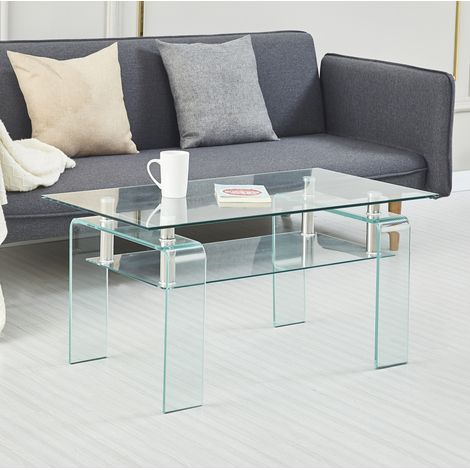 Table basse en verre trempé 100x55x45 cm transparente, double plateau, structure métal MEUBLIV (1/5)