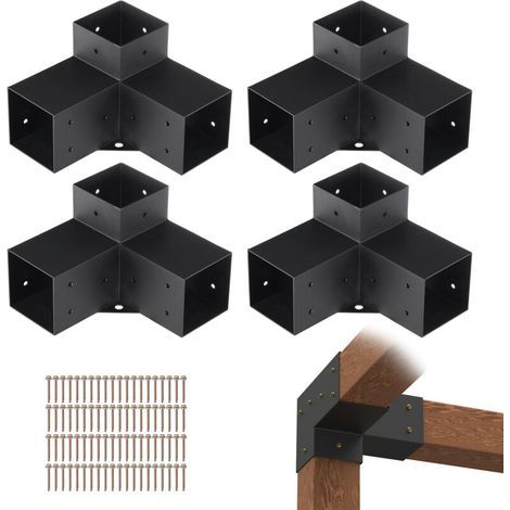 4x4 Zoll (10x10 cm) Pergola-Halterungen – Kohlenstoffstahl – 4er-Set Dreiwege-Eckhalterungen – Einfache Montage für Gartenpavillons und Hütten (1/5)