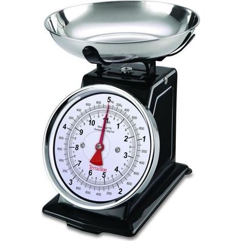 Balance de cuisine rétro déco noire 5 kg – Précision 20 g – Bol inox 1 litre – Grand cadran analogique – Terraillon