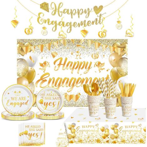 Verlobungsfeier Deko Set für 20 Personen, Gold, Einweggeschirr, Banner, Tischdecke