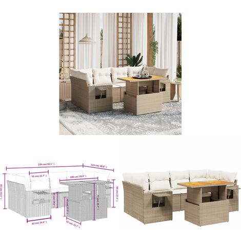 Salon de jardin avec coussins 7 pcs beige résine tressée - Ensemble Salon De Jardin - Meuble Extérieur - Résine Tressée - Rotin Synthétique - Table Extensible - Home & Living (1/3)