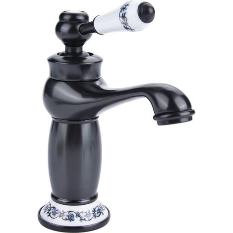 Robinet de lavabo antique en céramique et laiton, robinet mitigeur de cuisine en porcelaine bleue et blanche à long col, robinet de lavabo vintage, robinet d'eau chaude/froide (noir) (1/5)