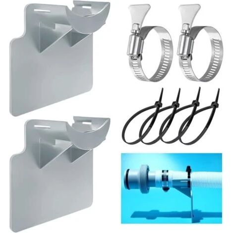 Ensemble de 2 supports de tuyau de piscine, accessoires pour piscines hors sol avec collier de serrage et protection anti-torsion en plastique (gris) (1/5)