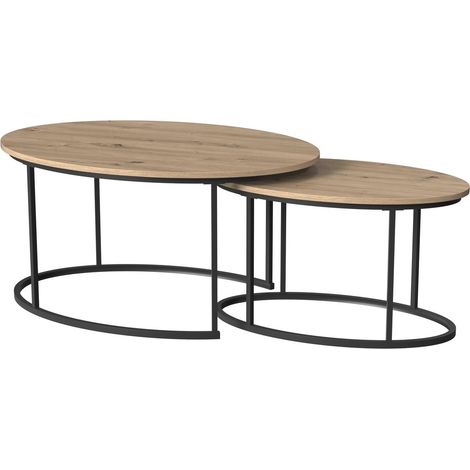 CALICOSY - Lot de 2 tables basses gigognes ovales effet chêne L90 cm - LENNY (1/5)