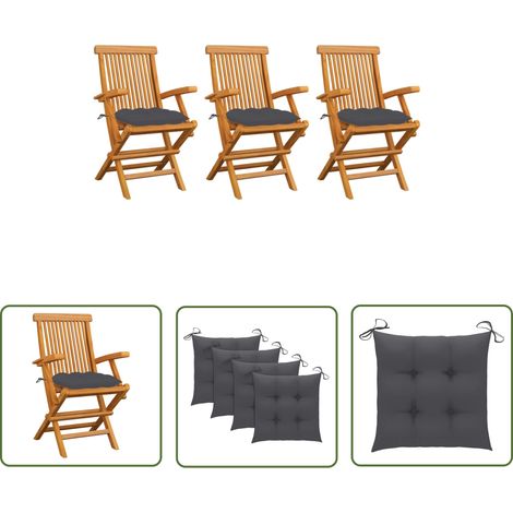The Living Store Chaises de jardin avec coussins anthracite lot de 3 Bois teck - Chaise De Jardin - Mobilier De Jardin - Chaise En Bois - Terrasse - Jardin (1/5)