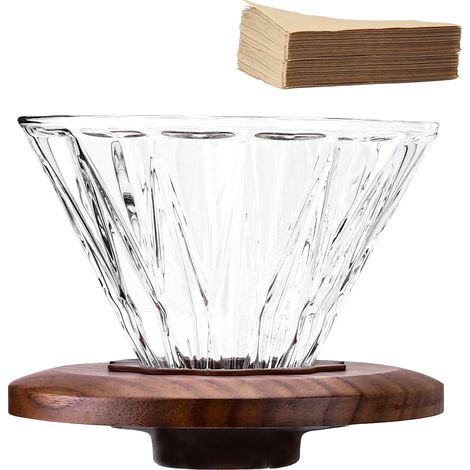 Goutteur à café en verre avec 100 filtres en papier de taille 02, verre borosilicate et col en bois de noyer, pour verser les machines à café, 1 à 3 tasses, transparent (1/5)