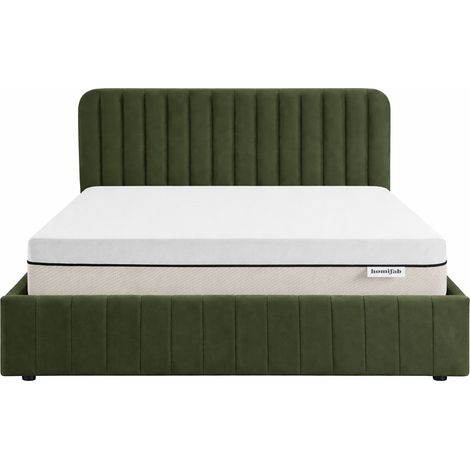 Ensemble Lit coffre adulte 140x190cm avec tête de lit en velours vert kaki - Ava + Matelas ressorts ensachés - Spring Elite (1/5)