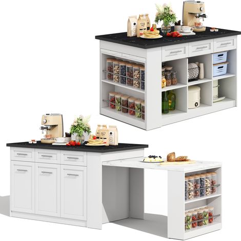 Îlot de Cuisine Multifonctionnel avec Table à Manger Extensible 150cm, Effet Marbre Noir/Blanc, Îlot Central Blanc avec Tiroirs et Rangement (1/5)