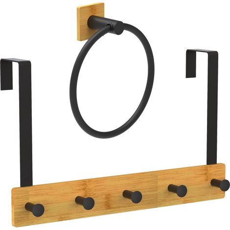 Set di appendiabiti da porta e anello portasciugamani, in bambù e metallo.