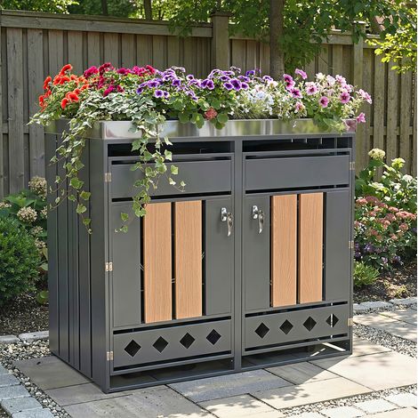 Armario cubre cubos de basura exterior con 2 puertas, jardinera y acero galvanizado (1/5)
