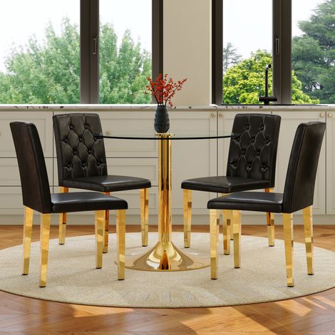 Conjunto de mesa y sillas de comedor para 4, mesa redonda de vidrio de 85 cm, negro y dorado (1/5)