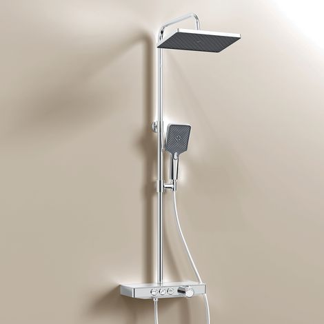 EMKE Colonne de douche Thermostat, 36 x 14 cm étagères en verre, douchette, 3 types de jets, douche à effet pluie, bec verseur, montage mural, Certification KTW, Chrome