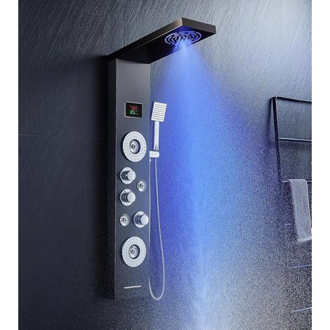 Colonne de douche avec mitigeur, colonne de douche à 6 fonctions avec affichage de la température LED, pluie et brume, 2 modes de jets de massage, pommeau et bec de bain, panneau de douche en (1/5)