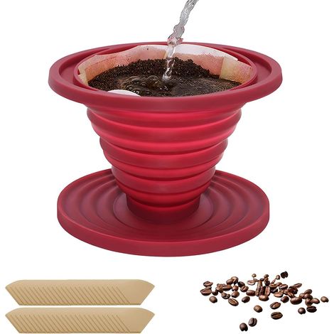 Compte-Gouttes à Café Pliable, Porte Filtre à Café Réutilisable en Silicone, Support Filtre à Café avec 50 Filtres en Papier Coniques pour Maison, Bureau, Voyage(Rouge) (1/5)