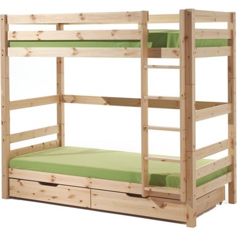 Lit Superposé Haut & 2 Tiroirs de Lit Enfant "Pino" 90x200cm Naturel (1/2)