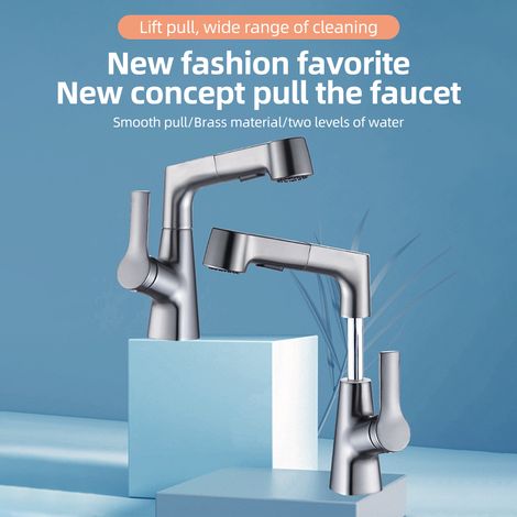Robinets de cuisine rotatifs et relevables avec pulvérisateur extractible, hauteur réglable à 360 degrés, mélangeur chaud-froid pivotant, robinet de salle de bain 2 modes de sortie d'eau