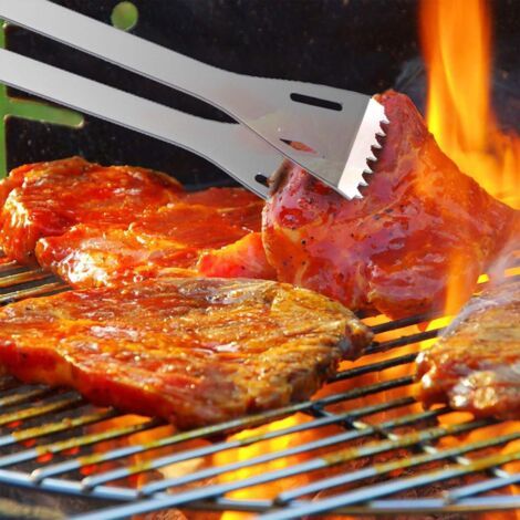 Cet ensemble de barbecue en acier inoxydable 5 pièces comprend une spatule, une pince et une fourchette, et est fourni avec un sac de rangement. Il convient aux grillades, à la cuisine et au camping. (1/3)