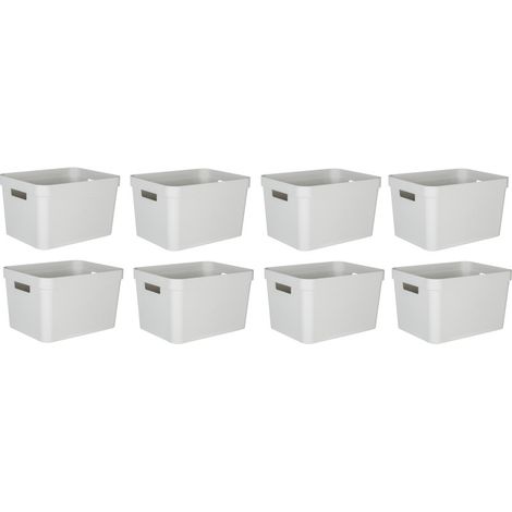 Lot de 8 bacs de rangements 30L Plastique Fabriqués en France - Blanc cérusé décor Stone - Livraison gratuite