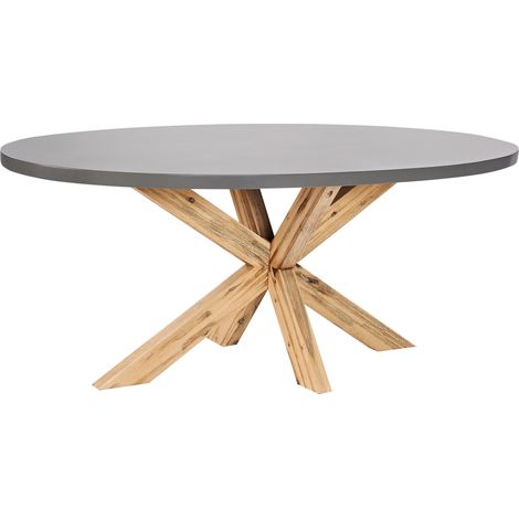 Mesa de jardín moderna de cemento reforzado 190 x 100 cm base de madera de acacia estilo industrial gris claro madera clara Oristani (1/5)