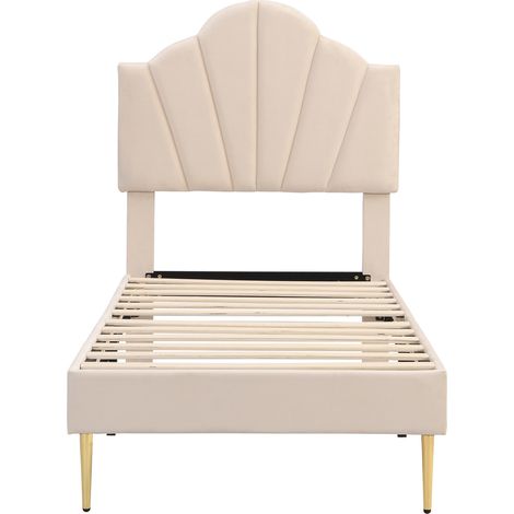 Cama tapizada 90 x 200 cm en terciopelo beige con cabecero concha y patas de hierro dorado (1/5)
