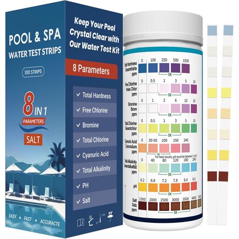 Bandelettes Piscine 8-en-1 pour Piscine et Spa – 100 Tests Sel, pH, Chlore, TAC, Dureté, Brome, Acide Cyanurique – Languettes de Test pour Eau Piscine (1/5)