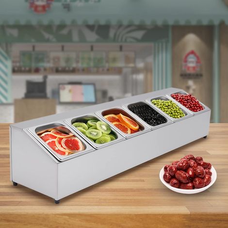 Contenitore per ingredienti in acciaio inox con 6 vaschette alimentari da 1,5 L (con coperchi) e piedini in gomma — Ideale per cucine professionali, pizzerie, buffet e servizio al tavolo — 104 x 22,5 (1/5)