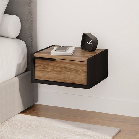 Comodino sospeso Eco con cassetto 40 cm nero e rovere oud con maniglia reversibile (1/5)