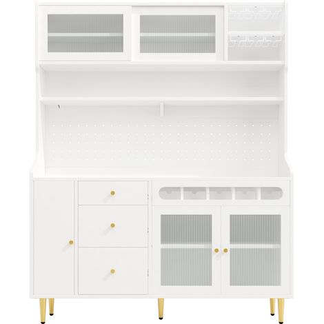 Credenza alta bianca 145 x 39 x 171 cm con LED, ripiani regolabili e portabottiglie (1/5)