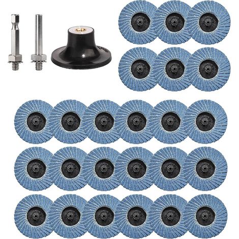 Lot de 27 disques à lamelles de 50 mm - Grain 40/60/80/120 - Disque à ébarber en corindon de zirconium pour métal, bois, acier, disques à changement rapide avec support de disque et barre ronde (1/5)