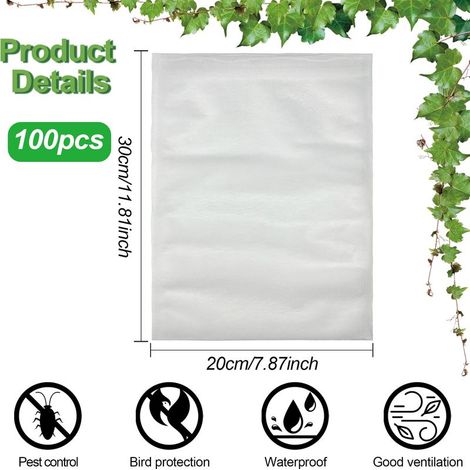 Packung mit 100 Traubenschutzbeuteln, 20 x 30 cm große Obstschutzbeutel, Vlies-Traubenschutzbeutel, Gartennetzbeutel mit Kordelzug, Obstschutzbeutel (1/5)