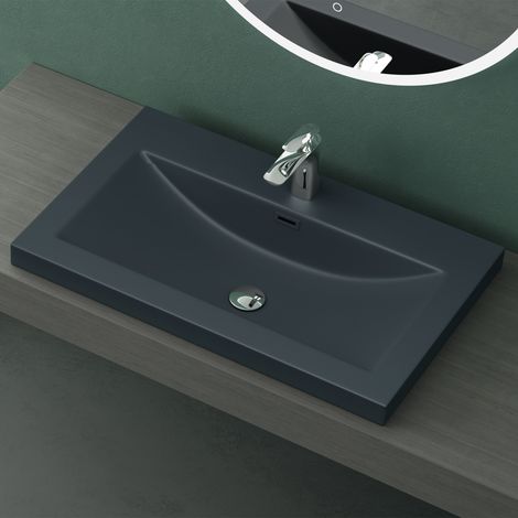 Mai & Mai Lavabo à Encastrer Gris Noir Mat 76,5cm Vasque Lave Mains Rectangulaire en Résine Lavabo avec Trop-Plein Col01 76,5x48x13cm
