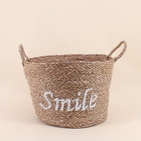 Panier rond brodé "Smile" en jonc de mer (1/5)