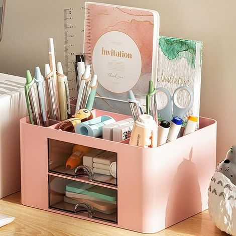 Multifunktionaler Schreibtisch-Organizer, Aufbewahrungsbox aus Kunststoff mit 5 Fächern, 2 Schubladen, Make-up-Organizer, Kosmetikbox für Zuhause, Schule, Büro (Rosa) (1/4)
