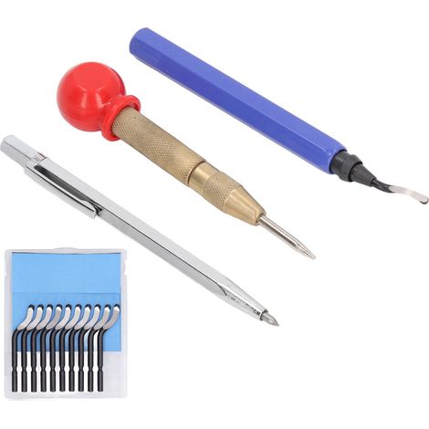 Kit d'ébavurage comprenant des lames rotatives en acier rapide pour l'élimination des bavures, un emporte-pièce et un stylo à tracer. (1/5)