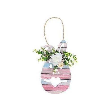 Panneau en bois à suspendre sur le thème de Pâques - Décoration de porte d'entrée avec lapin et fausses fleurs (1/2)