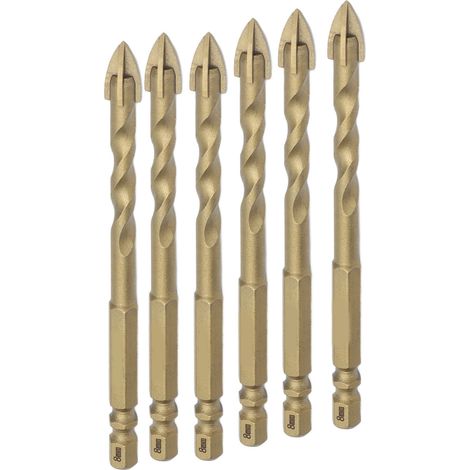 Lot de 10 forets cruciformes en carbure, queue hexagonale de 6,35 mm (1/4 pouce), pour céramique, marbre, verre, cuivre, diamètre de perçage 8 mm. (1/5)