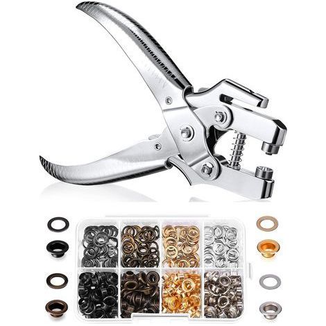 3/16 pouces Grommet Kit d'outils Eyelet Pince Set Trou Punch Grommet Pinces de presse à main avec 200 morceaux d'oeillets pour chaussures Sacs de vêtements, (Or, argent, gris, cuivre)