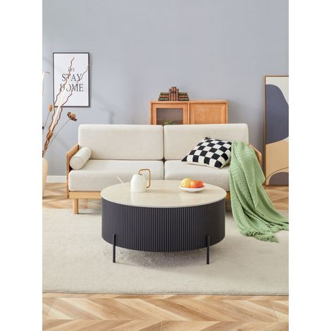 Table Basse RUBY Ronde Plateau Céramique Effet Travertin Noir Pied Métal Noir D90xH45 cm (1/5)