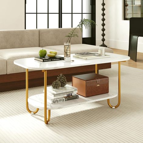 Goplus – Table basse ovale à 2 niveaux 100x50x45cm – Plateau en faux marbre – Charge 50kg – Etagère ouverte – Patins antidérapants - 25KG-4 (1/5)
