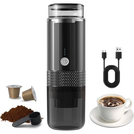 Cafetera portátil para llevar, Café molido, Tazas, Recargable, Máquina de café portátil, Negra, 24,5 x 7,5 x 7,5 cm (1/5)