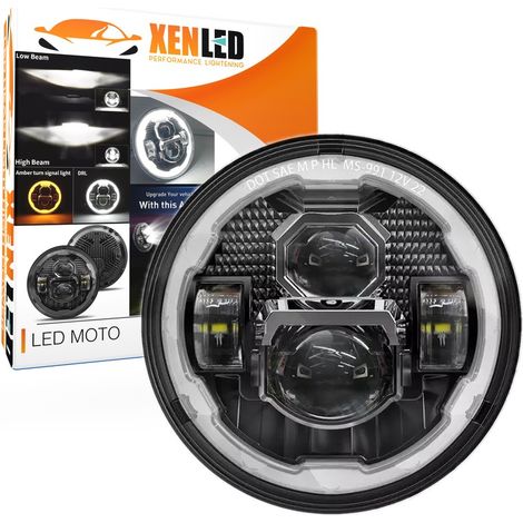 Phare Full LED Moto M-991 - 4 Lentilles - Rond 7" 84W 5900Lms 5500K Feux de jour - Noir - XENLED