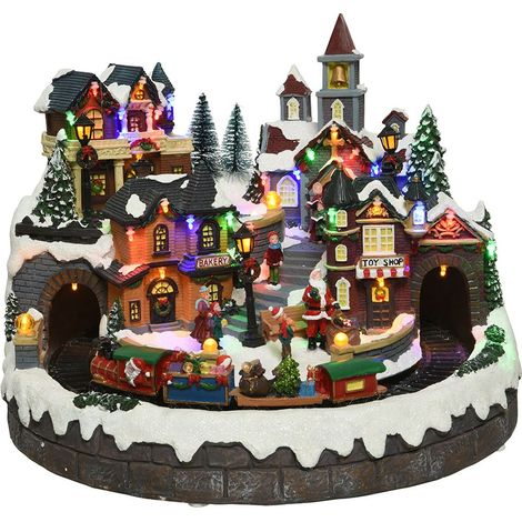 Pueblo navideño con led multicolor, movimiento y música, ø40,5 x 31 cm