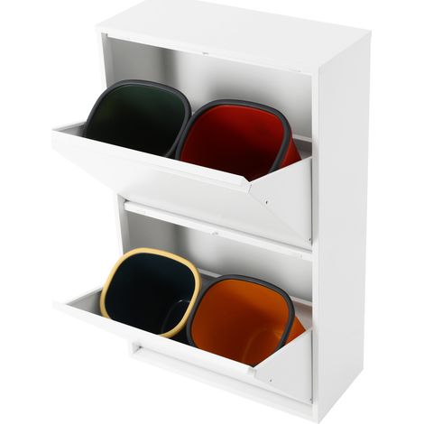 Armoire poubelle tri sélectif 4 bacs - Blanc - 56x24,5x91 cm - 15L/bac - Tiroir coulissant - Porte rabattable étanche aux odeurs - Pour cuisine